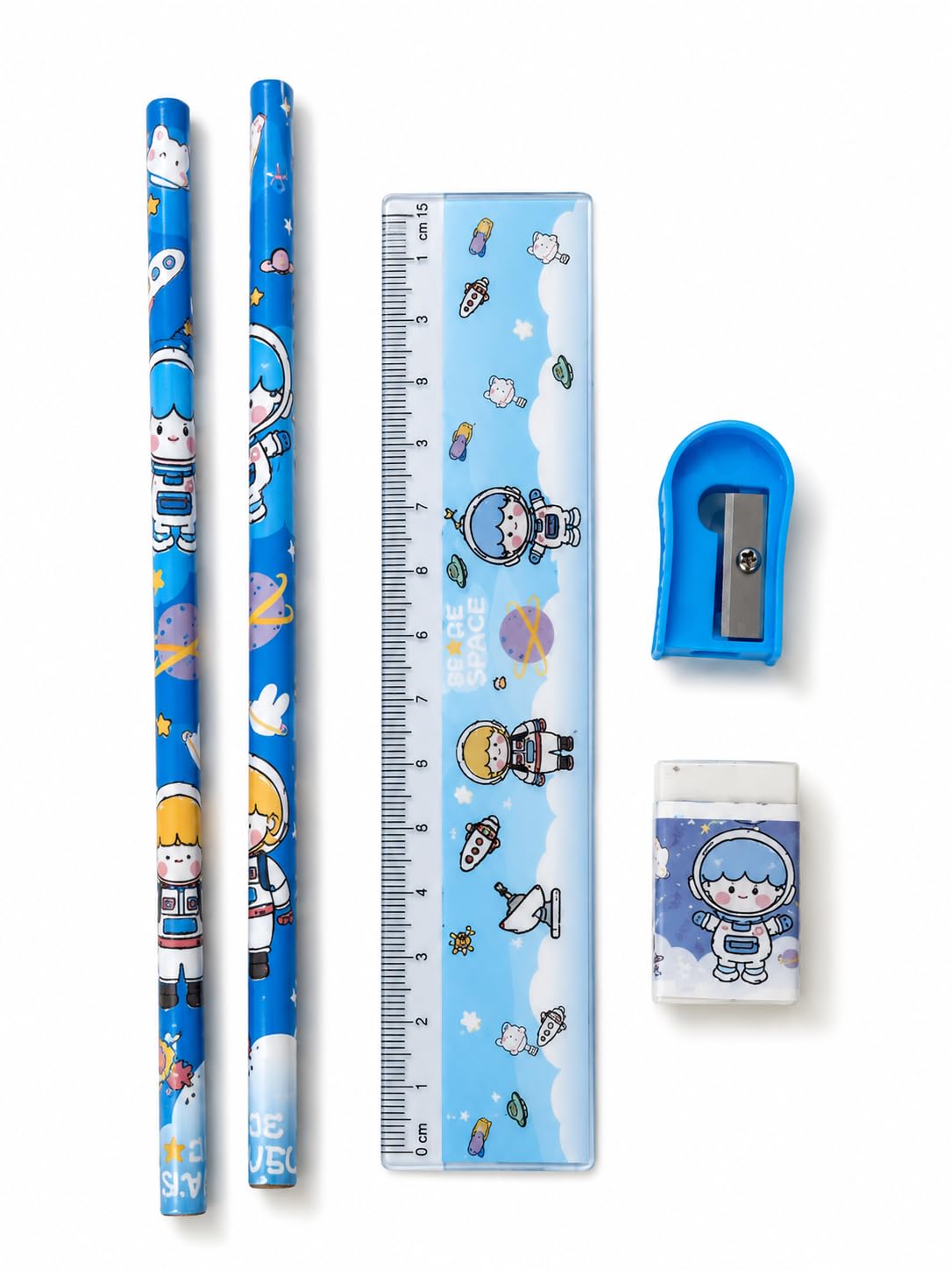 Blue stationery set with two pencils, ruler, sharpener and eraser