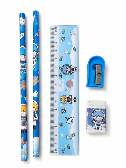 Blue stationery set with two pencils, ruler, sharpener and eraser