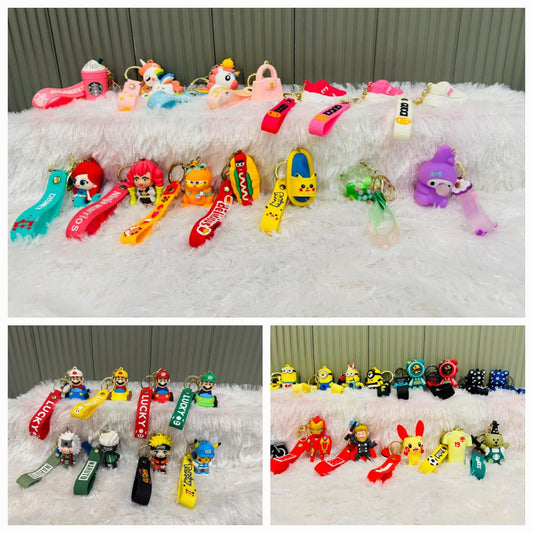 Assorted cartoon figure keychains in pastel and bright colours
