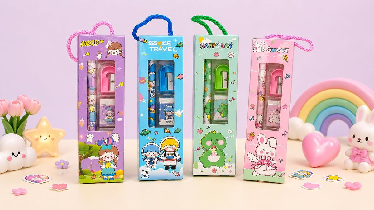 Four pastel stationery gift packs displayed with a rainbow prop