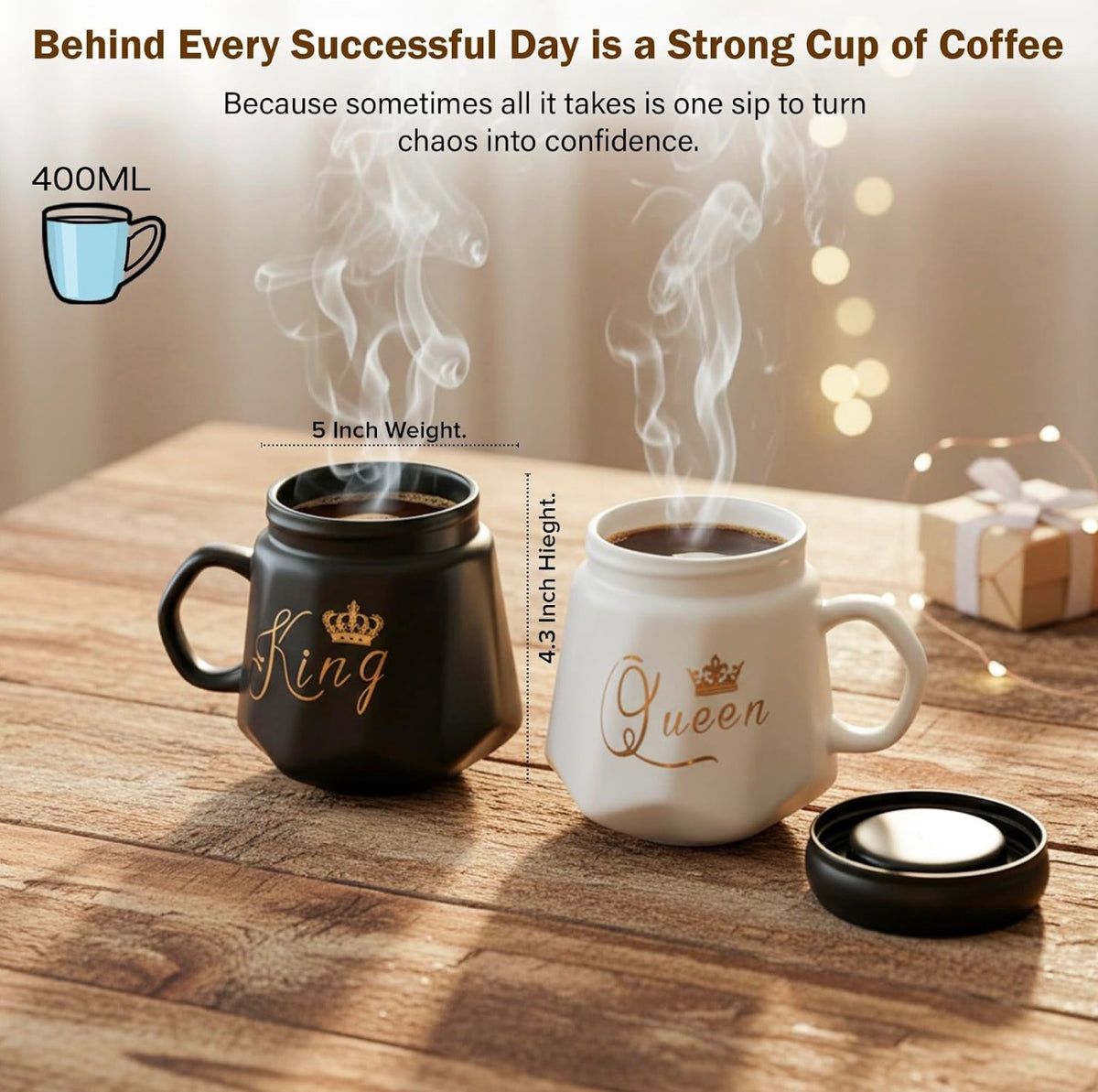 King & Queen Coffee Mug Set with Lid | Black & White Ceramic Couple Mug Combo | Royal Tea & Coffee Cups for Him & Her | Gift Set for Couples