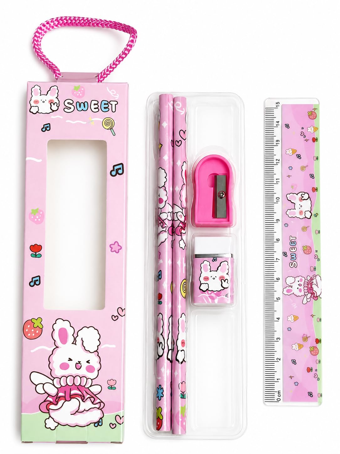 Pink rabbit print stationery set with pencils, ruler and sharpener
