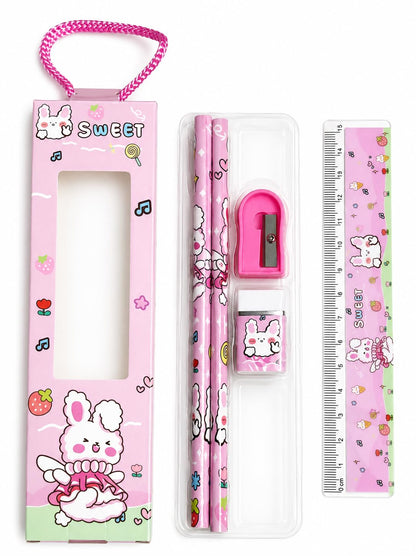 Pink rabbit print stationery set with pencils, ruler and sharpener