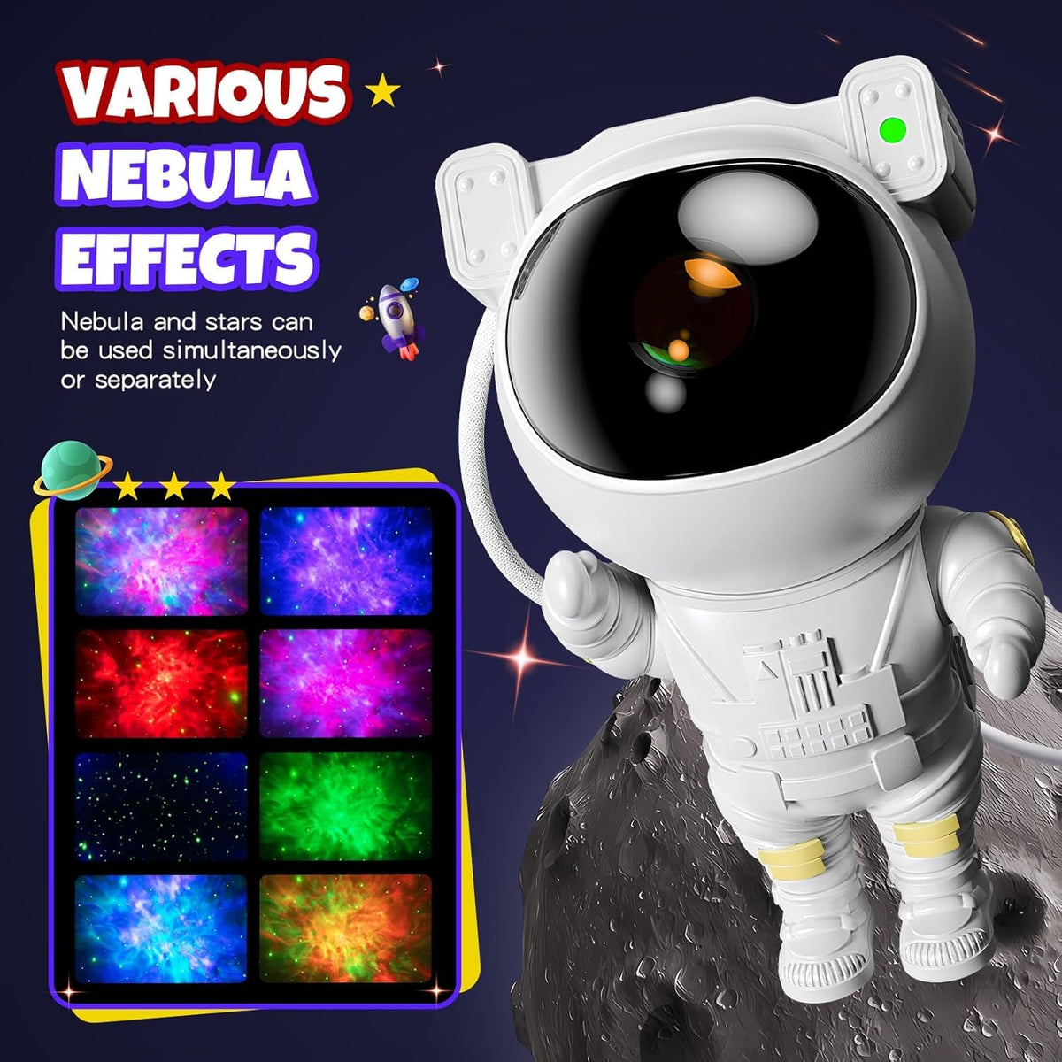 Graphic showing eight nebula colour effects beside the astronaut projector