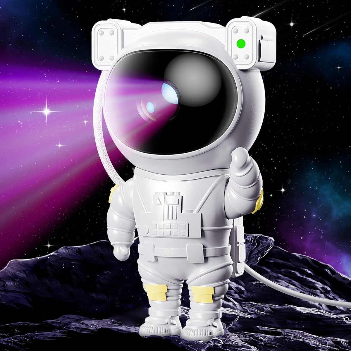 White astronaut projector standing on a purple starlit space backdrop