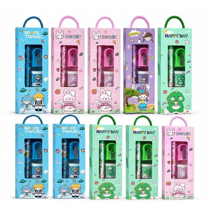 Cartoon print stationery gift packs in hanging boxes in assorted colours