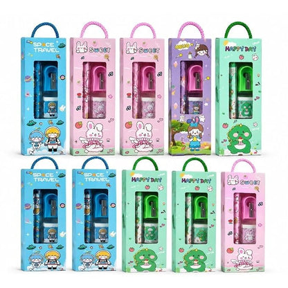 Cartoon print stationery gift packs in hanging boxes in assorted colours