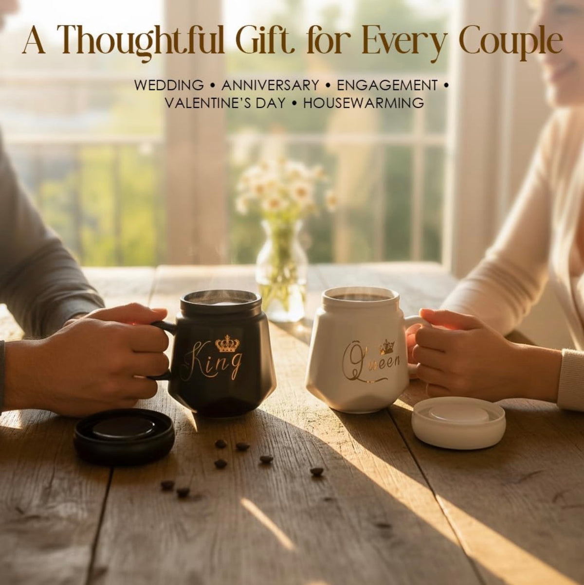 King & Queen Coffee Mug Set with Lid | Black & White Ceramic Couple Mug Combo | Royal Tea & Coffee Cups for Him & Her | Gift Set for Couples