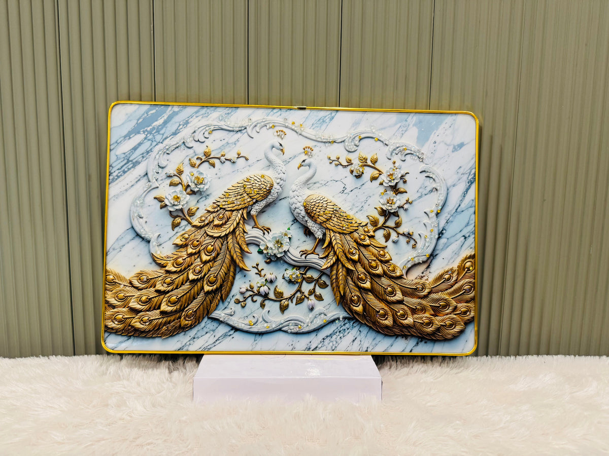 Crystal embedded 3D peacock pair wall painting in a golden frame
