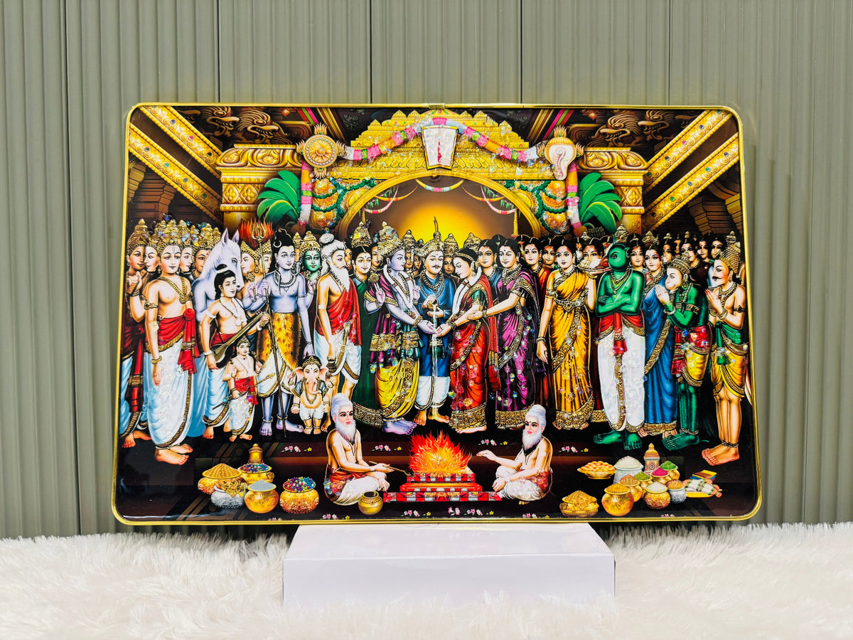 Crystal embedded Srinivasa Kalyanam wedding scene wall painting framed in gold