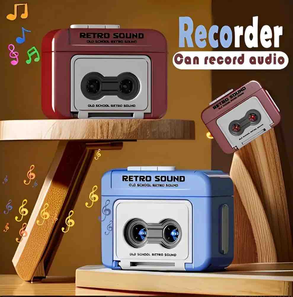 Red and blue retro recorder keychains with musical notes floating around them