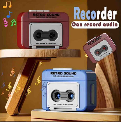 Red and blue retro recorder keychains with musical notes floating around them