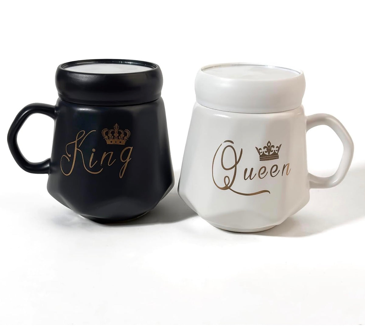 King & Queen Coffee Mug Set with Lid | Black & White Ceramic Couple Mug Combo | Royal Tea & Coffee Cups for Him & Her | Gift Set for Couples