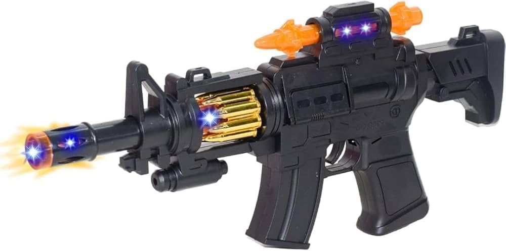 Black military style toy gun with light-up barrel and orange tipped muzzle