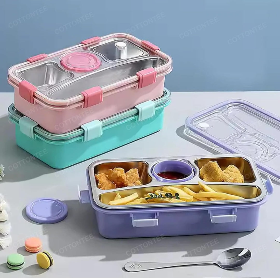 Stainless Steel Bento Lunch Box with Sauce Bowl Leak-Proof 4 Compartment Airtight Tiffin Box