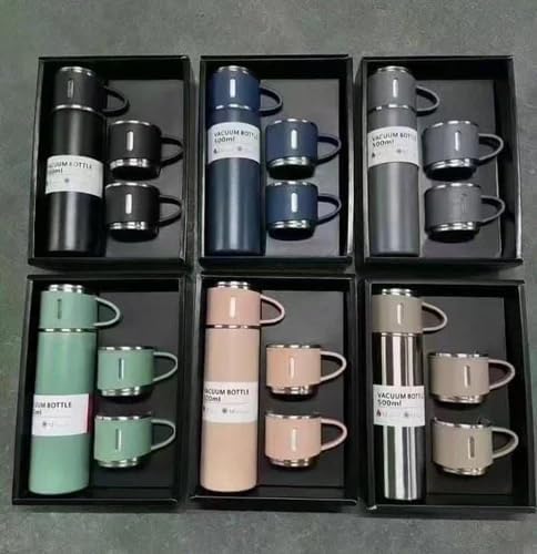 Six vacuum flask gift sets with two cups in assorted colours