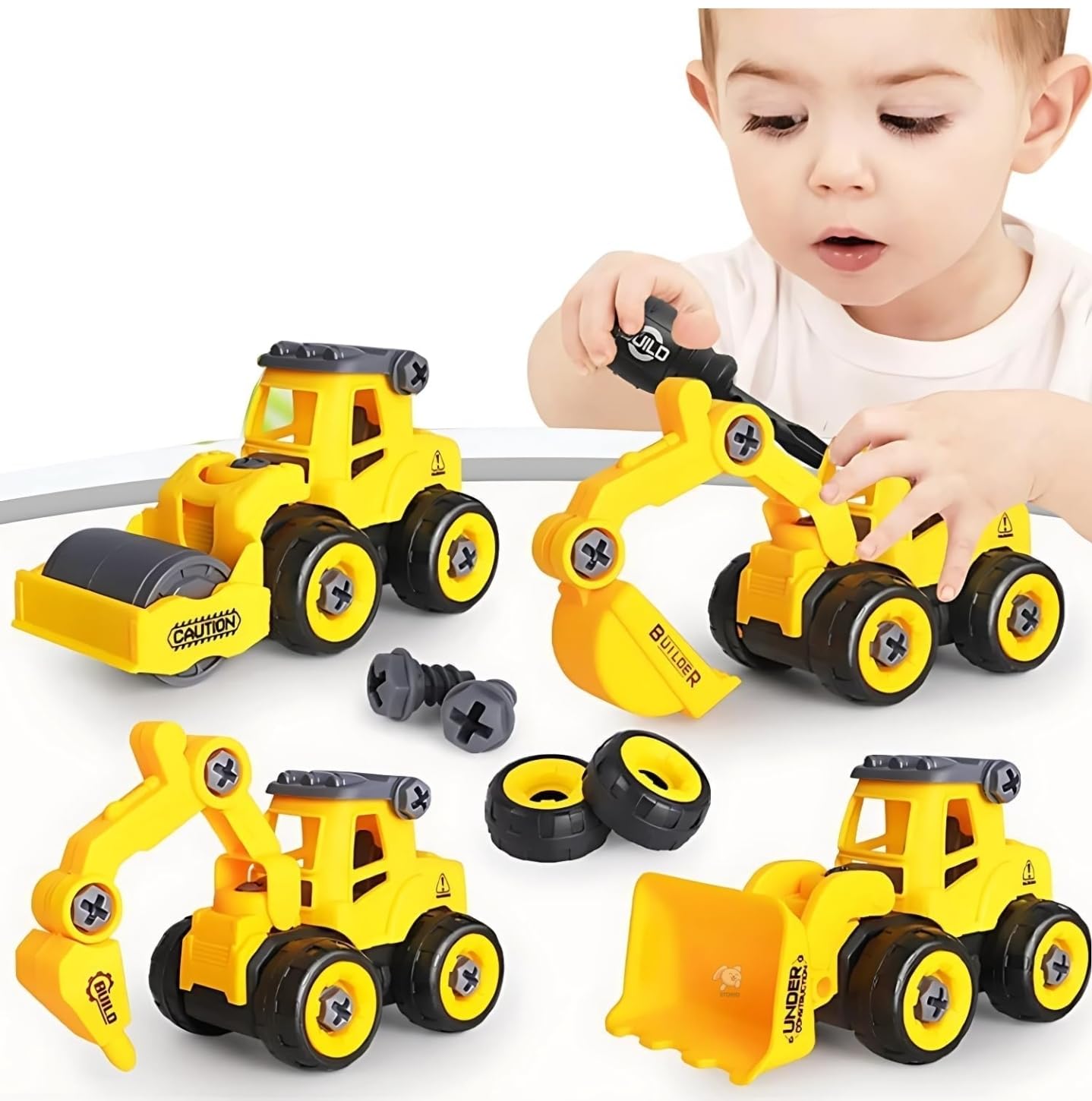 Construction Vehicles Set 4 in 1 DIY Toys for Kids | Take Apart Excavator & Bulldozer Toy Set of 4 with 1 Screwdriver