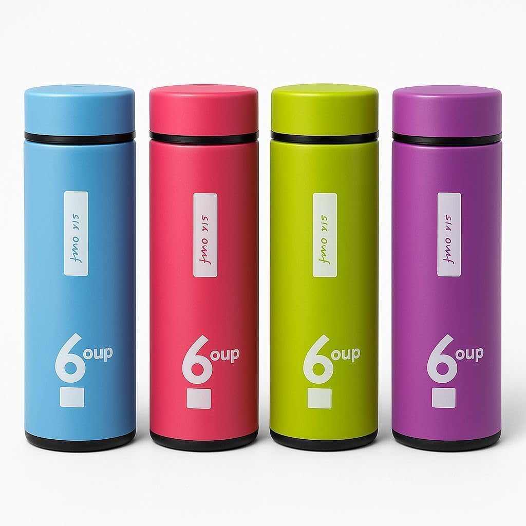 6oup glass water bottles in blue, red, green and purple silicone sleeves