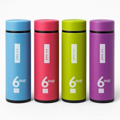 6oup glass water bottles in blue, red, green and purple silicone sleeves