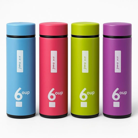6oup glass water bottles in blue, red, green and purple silicone sleeves