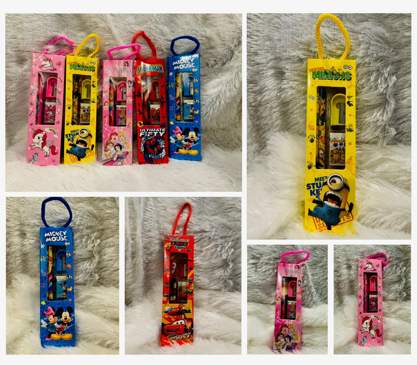 Collage of hanging stationery gift packs in pink, yellow and blue