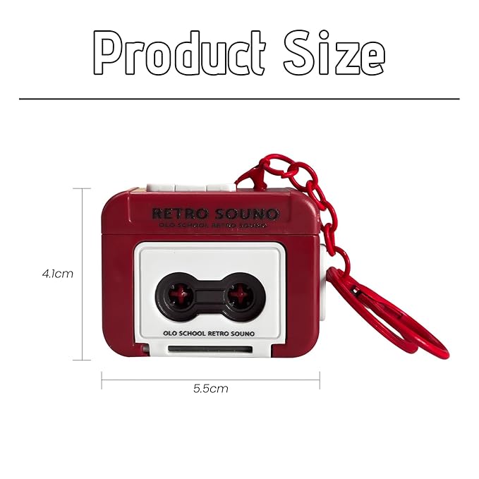 Dark red tape recorder keychain with size shown as 5.5 by 4.1 centimetres