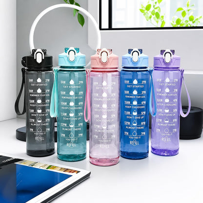 Motivational Sipper Water Bottle Plastic 900ml | BPA Free, Leak Proof, Lightweight, with Time Markers Multiocolor