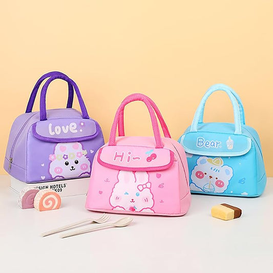 Purple, pink and blue cartoon animal lunch bags on a peach background