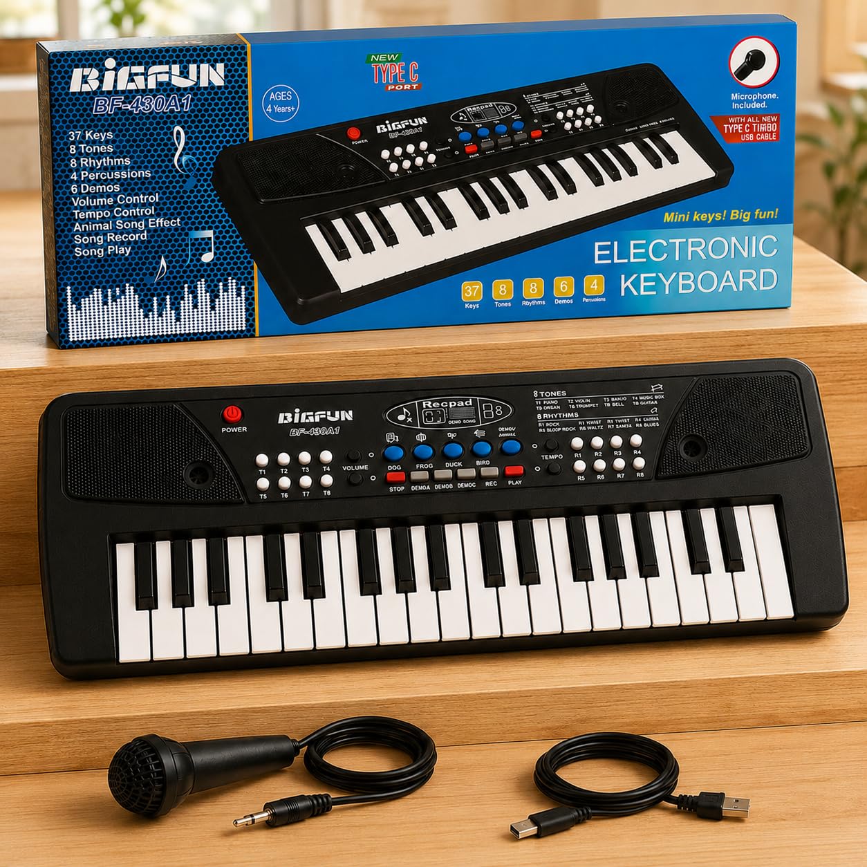 Kids Piano Keyboard with Mic | 37 Keys, 8 Rhythms, 8 Tones & 6 Demo Songs | Educational Musical Toy