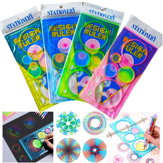 Design ruler packs with sample spiral patterns drawn in bright colours