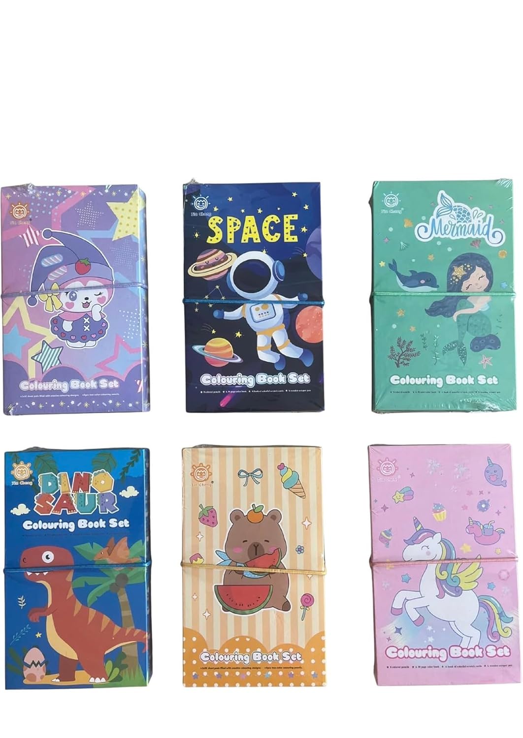 Six colouring book sets in unicorn, space, mermaid and dinosaur designs