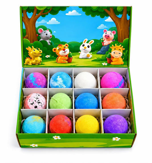 Twelve coloured bath bombs in a green gift box with animal artwork