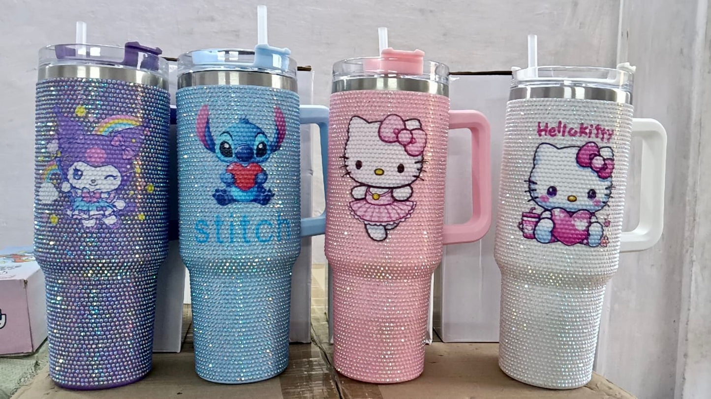 Premium Sequence Character Tumbler 1200ml Stainless Steel Insulated Mug with Handle & Straw | Hello Kitty Stitch Travel Cup | Hot & Cold Vacuum Tumbler | Panchi Gifts