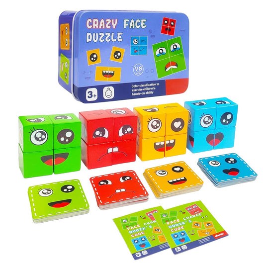 Crazy Face Changing Cube Puzzle Game | Wooden Emoji Expression Matching Blocks for Kids