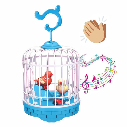White bird cage toy with hanging hook, blue base and musical notes