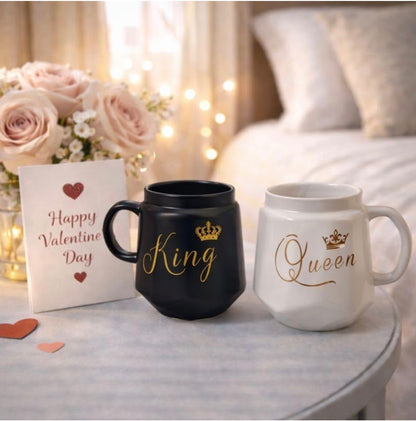 King & Queen Coffee Mug Set with Lid | Black & White Ceramic Couple Mug Combo | Royal Tea & Coffee Cups for Him & Her | Gift Set for Couples