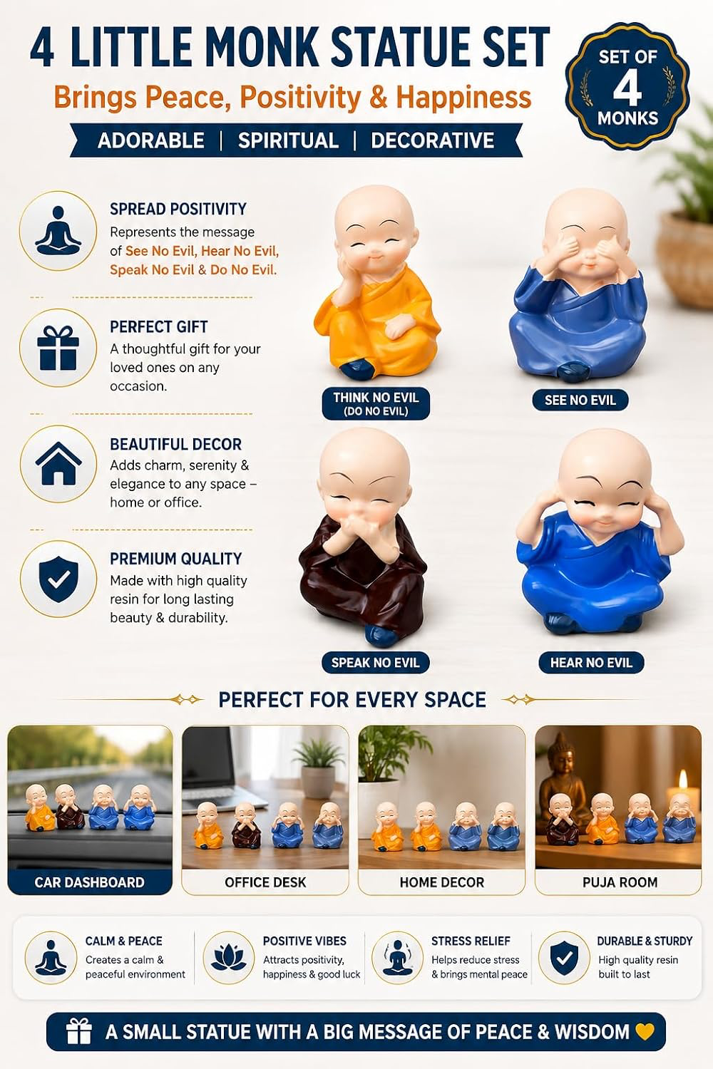 4 Little Monk Statue Set – Think, See, Speak & Hear No Evil | Cute Resin Figurines for Home, Office & Car Decor