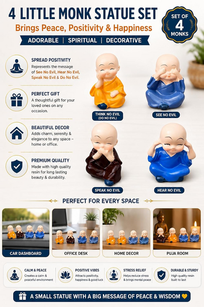 4 Little Monk Statue Set – Think, See, Speak & Hear No Evil | Cute Resin Figurines for Home, Office & Car Decor