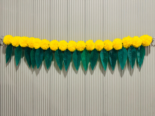 Toran Fabric Reusable Flowers Hanging Garlands with Mango Leaf (Yellow with Leaf)