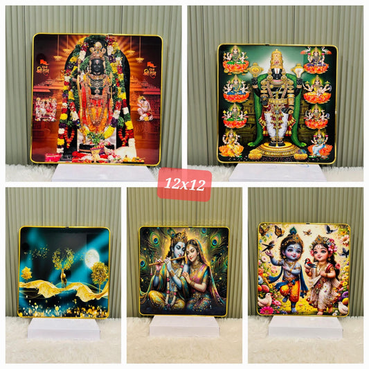 Collage of square crystal embedded devotional wall paintings in golden frames