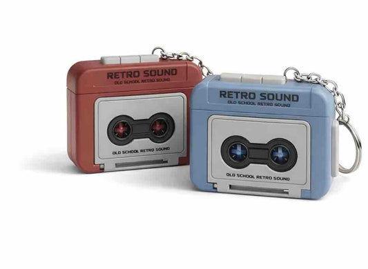 Blue and red retro tape recorder keychains with metal keyring attached