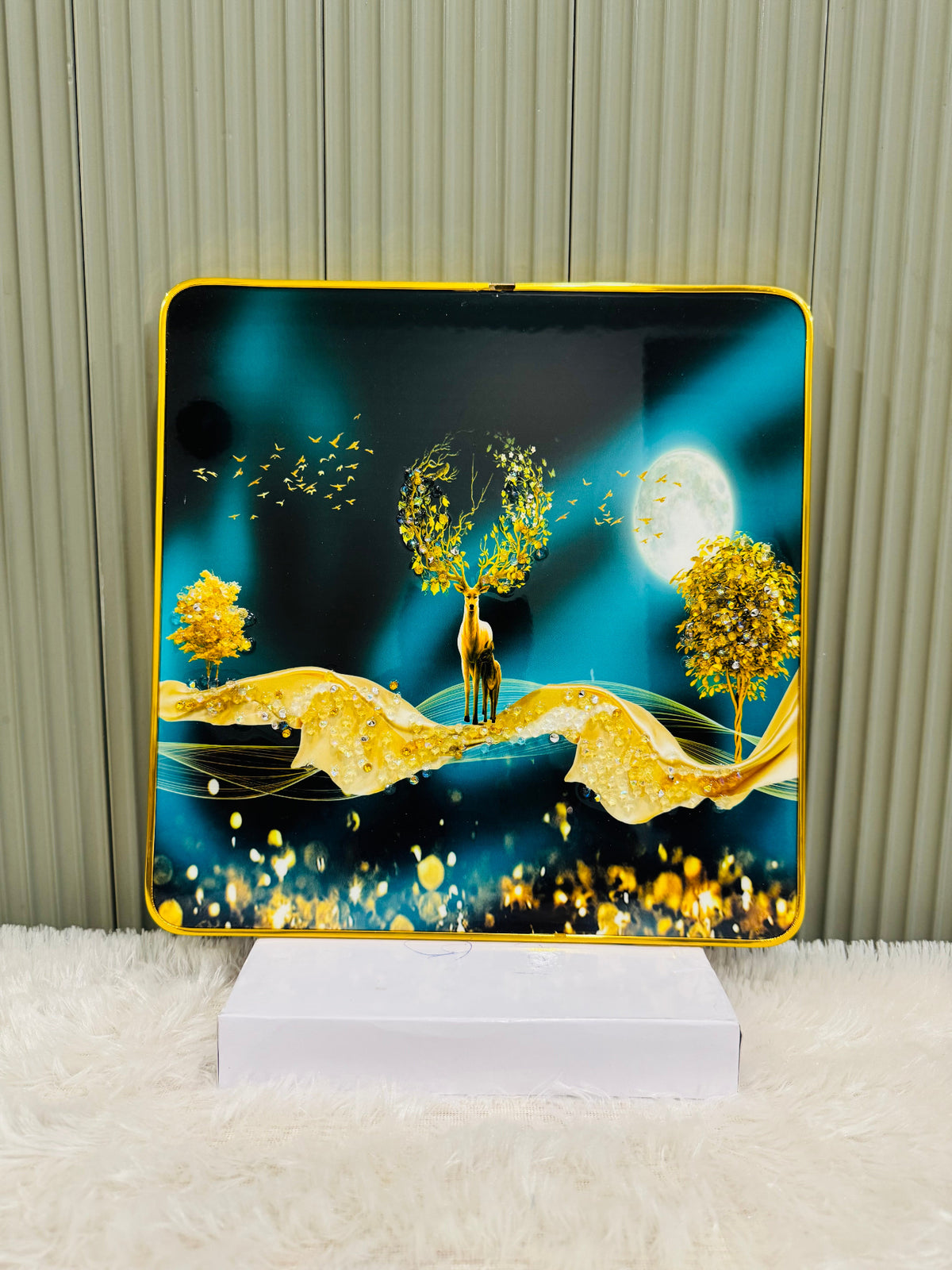 Square crystal embedded moon and tree wall art in gold and teal tones