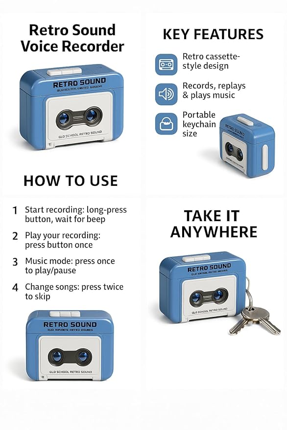Instruction graphic showing how to record and play back with the keychain