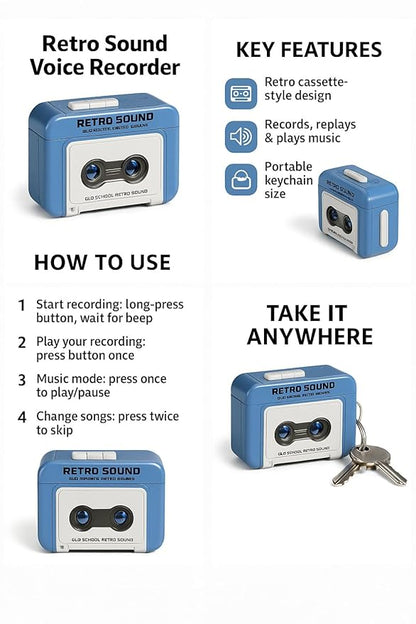 Instruction graphic showing how to record and play back with the keychain