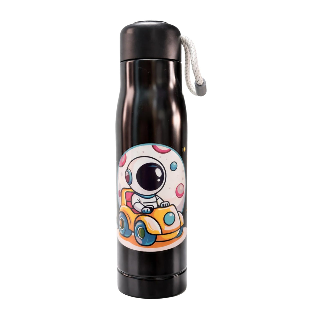 Black 550ml steel bottle with astronaut in a car print