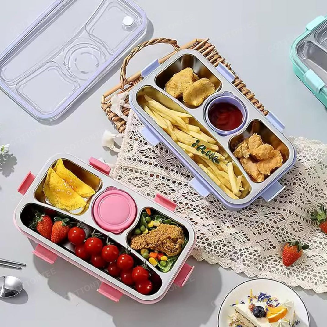 Stainless Steel Bento Lunch Box with Sauce Bowl Leak-Proof 4 Compartment Airtight Tiffin Box