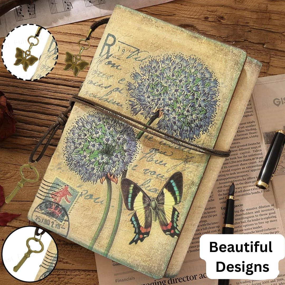 Vintage leather journal with dandelion and butterfly print and metal charms