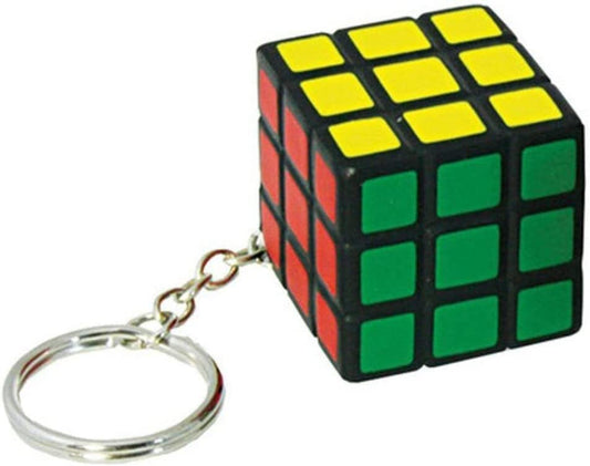 Mini 3x3 puzzle cube keychain with yellow, red and green faces