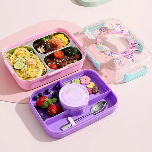 Pink and purple bento boxes filled with pasta, berries and biscuits