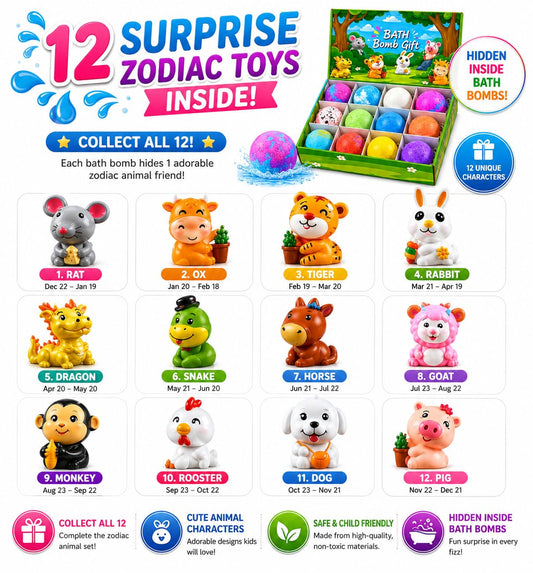 Graphic showing the twelve zodiac animal toys hidden inside the bath bombs